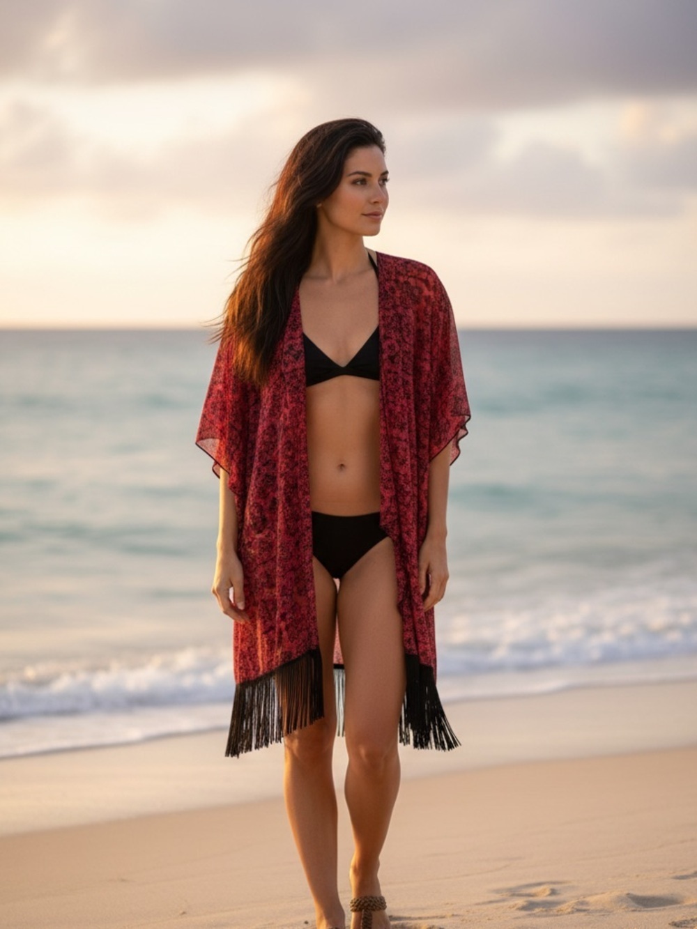 LuLaRoe Monroe Sheer Red Black Fringe Open Cardigan Kimono Cover Up Size Large